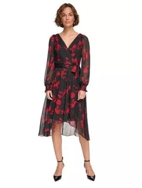 DKNY Floral Chiffon Fit And Flare High Low Metallic Dress Size 14